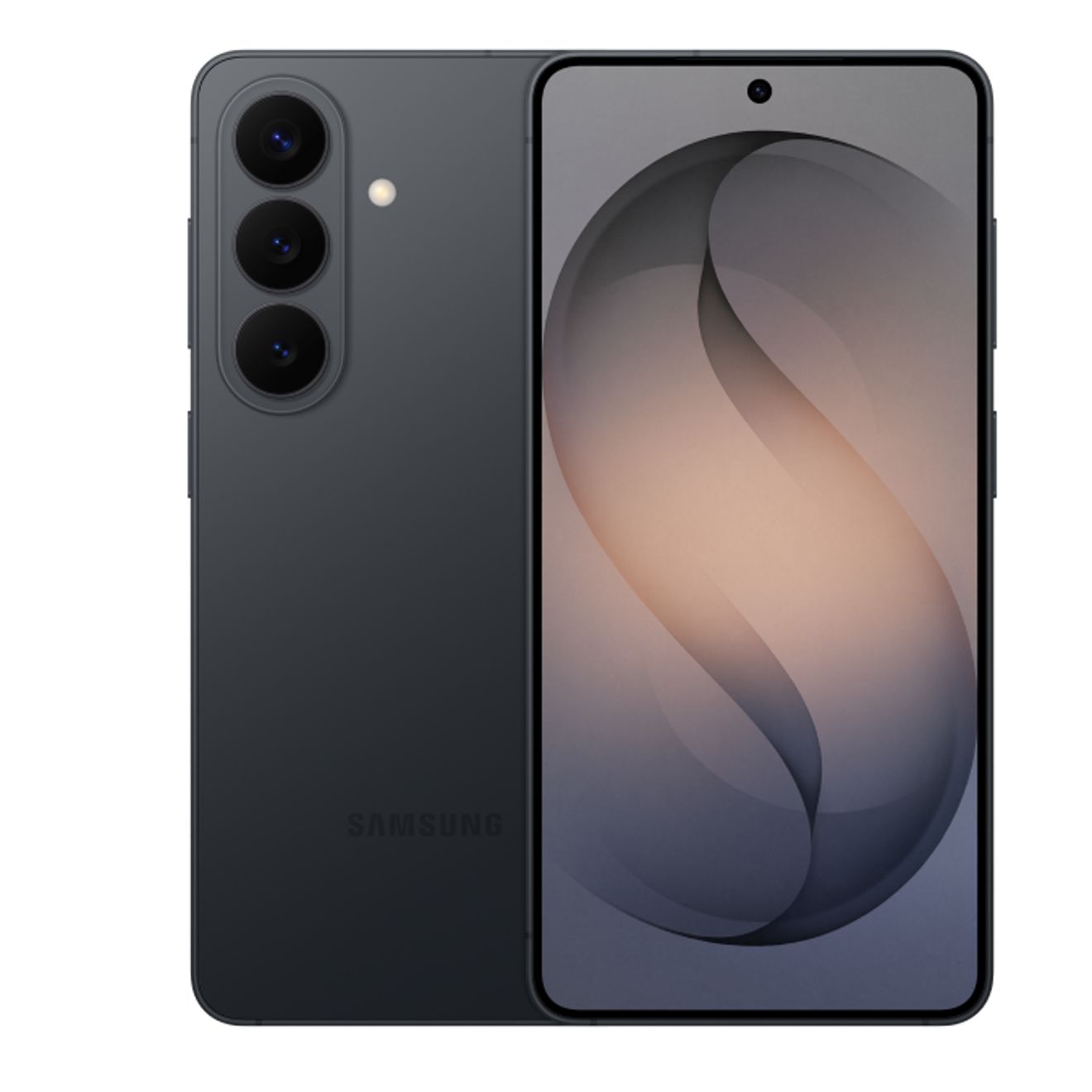 A dark gray Galaxy S26 is shown from the front and back, with a smooth matte finish and a soft, abstract swirl filling the display.