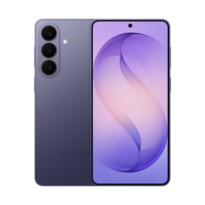 A soft purple Galaxy S26 is shown from the front and back, with a smooth matte finish and a gentle abstract swirl filling the display.