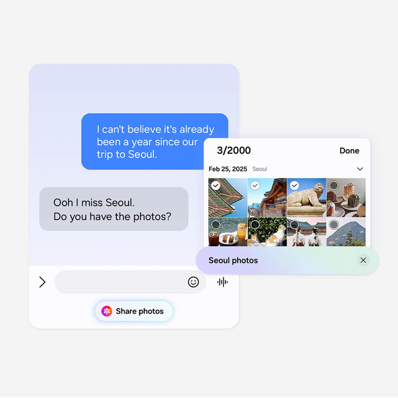Phone prompting user to reply to text with photos from a photo album