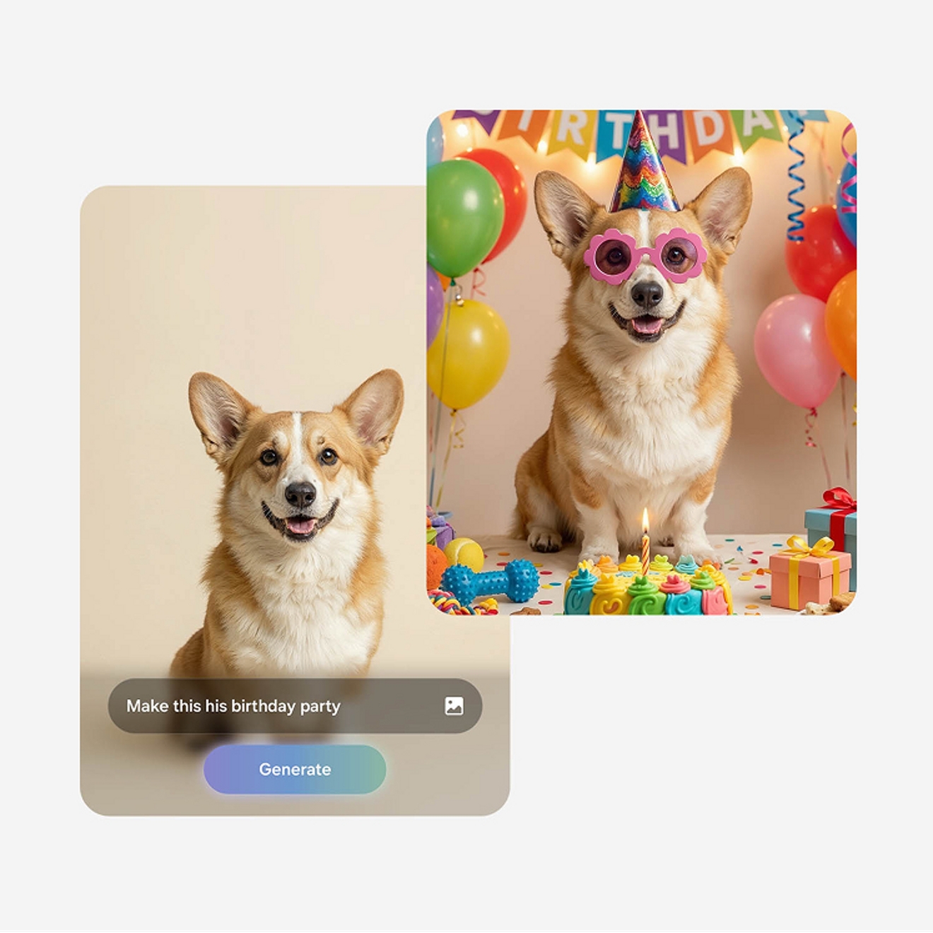Picture of dog with “make this his birthday party” below and picture of dog with birthday hat on with balloons behind.