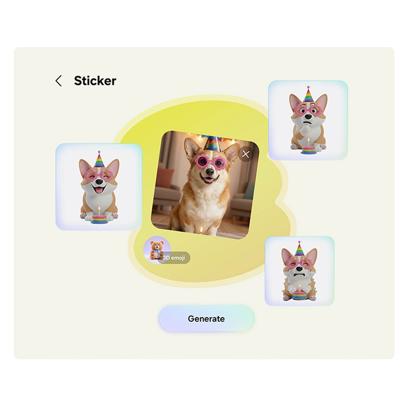 Picture of dog with a birthday hat and sunglasses in center surrounded by stickers of same dog with different emotions