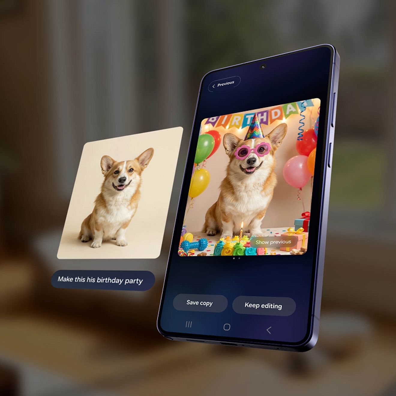 Picture of dog with “make this his birthday party” below and picture of dog with birthday hat on with balloons behind.