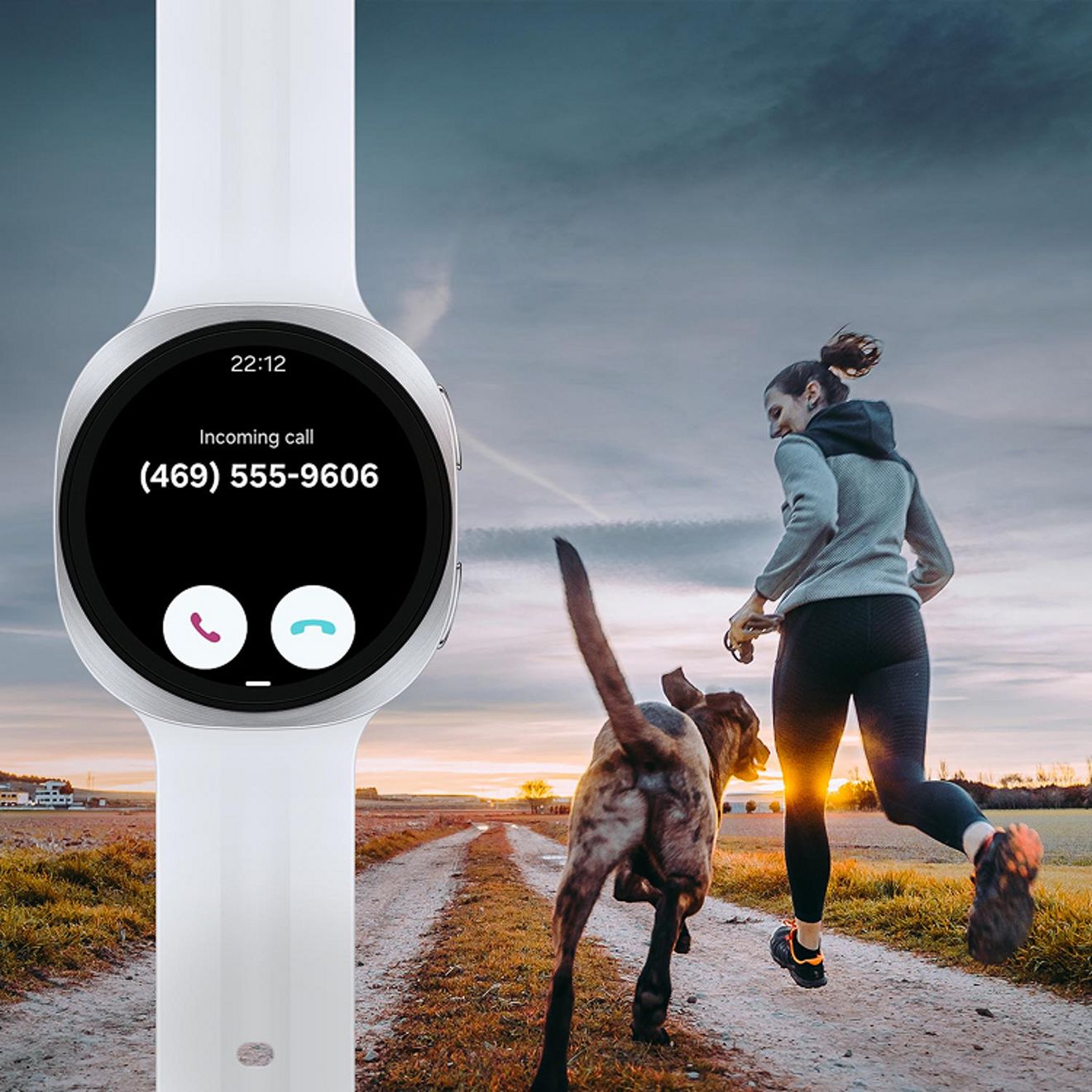 Galaxy Watch nine displays an incoming call, letting you answer calls from your wrist while out for a run with your dog.