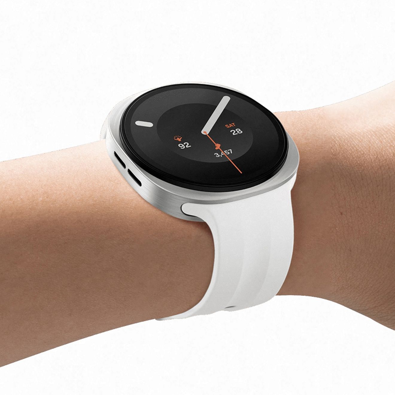 Person wearing Galaxy Watch nine with a white band, highlighting a slim, comfortable design for all day wear.