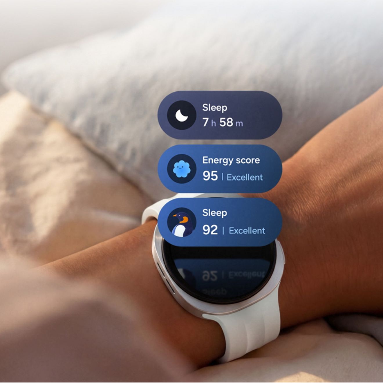 Person wearing Galaxy Watch nine in bed displays sleep tracking scores.