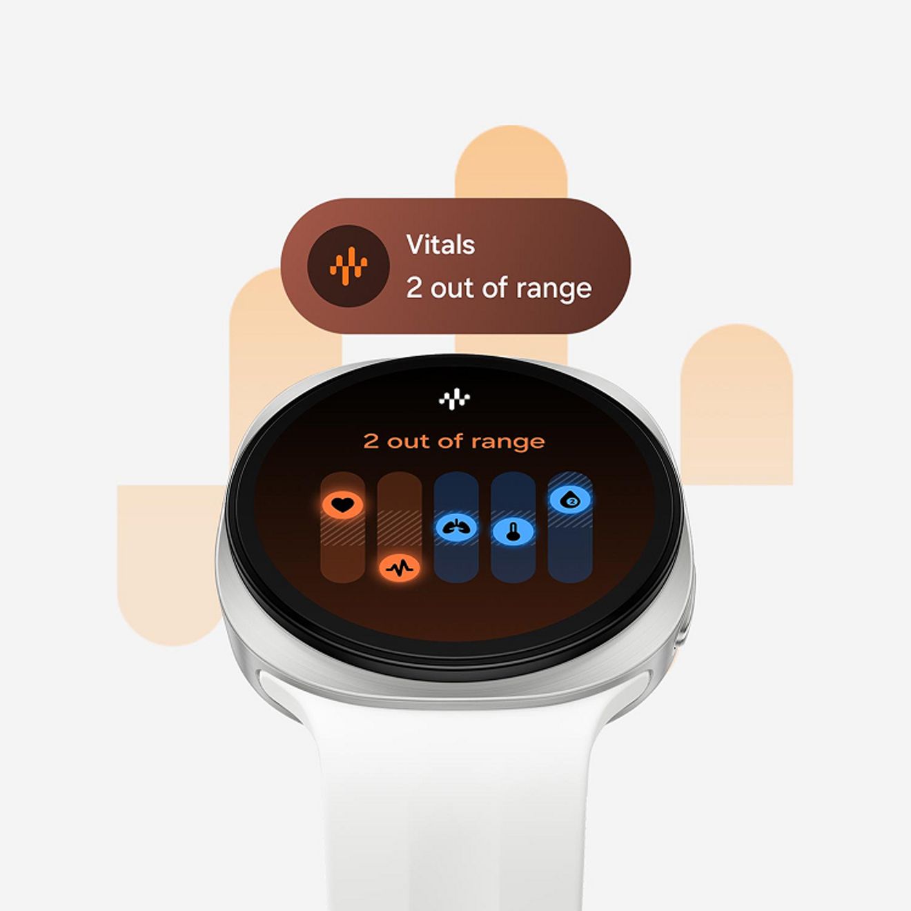 Galaxy Watch nine displays a vitals dashboard showing two health metrics out of range for quick wellness insights.