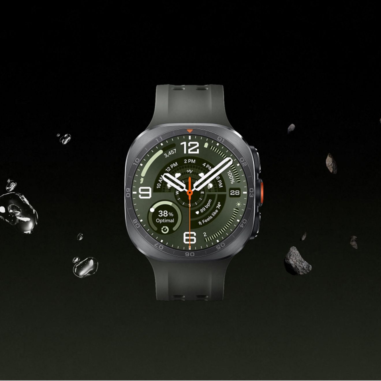Galaxy watch ultra two with a dark green band, built with a rugged design for demanding outdoor adventures.
