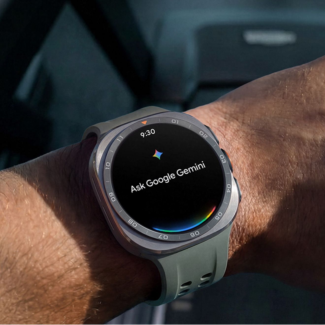 Person wearing the Galaxy watch ultra two with the display showing "Ask Google Gemini," making it easy to get hands free help while on the go.