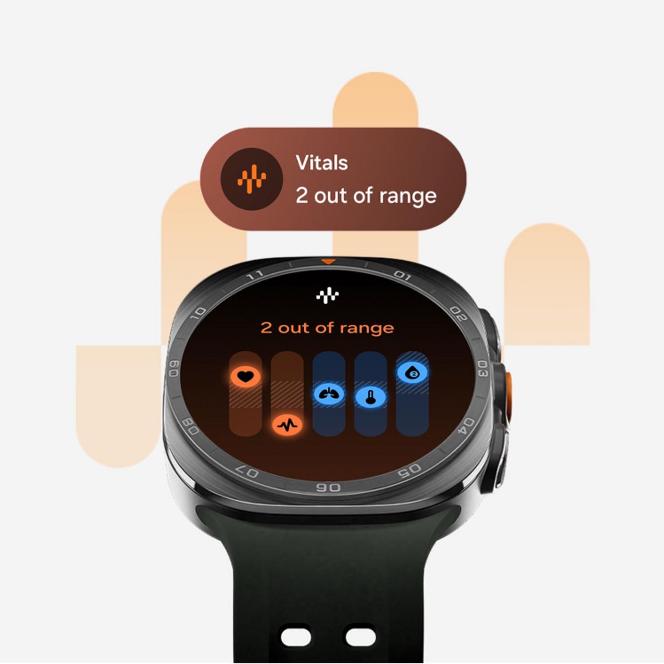 Galaxy watch ultra two displays a vitals dashboard with two health metrics out of range for quick wellness monitoring.