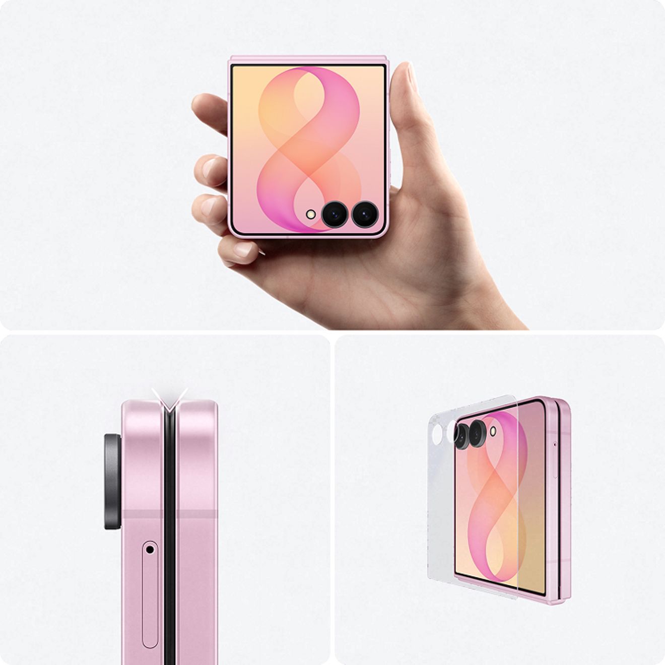 Samsung Galaxy Z Flip8 in pink, shown folded from multiple angles to highlight the compact design, cover display, and dual rear cameras.