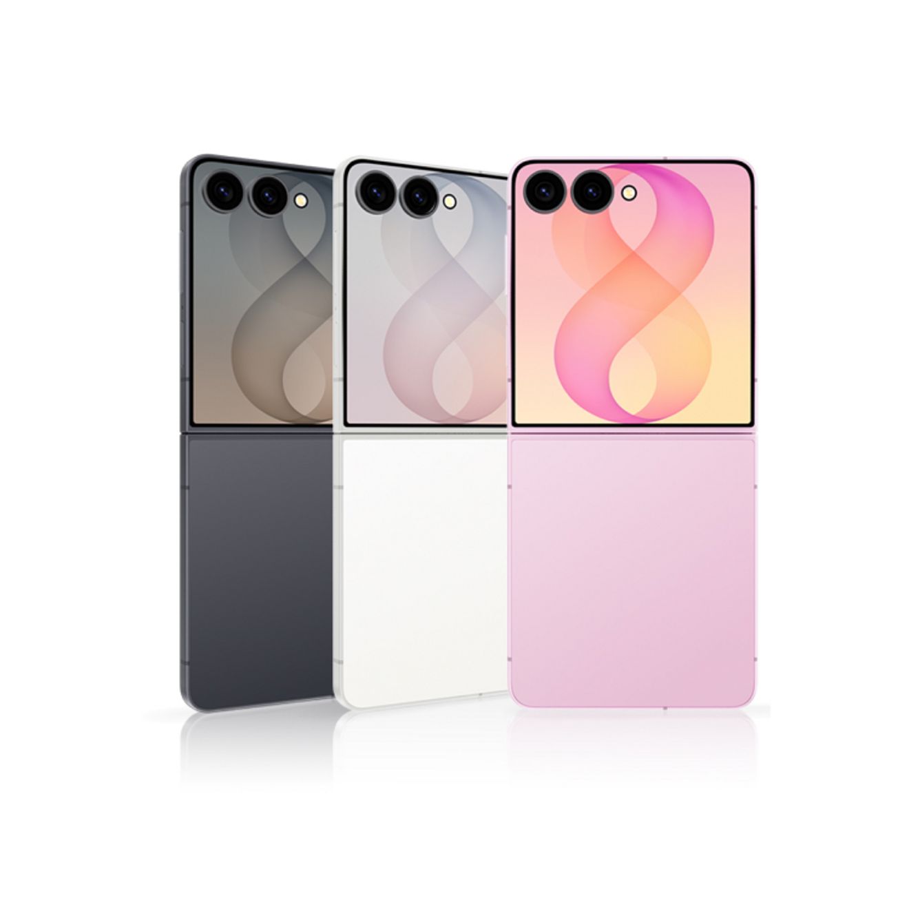 Samsung Galaxy Z Flip8 in gray, white, and pink, shown folded with the cover screen visible and dual rear cameras.
