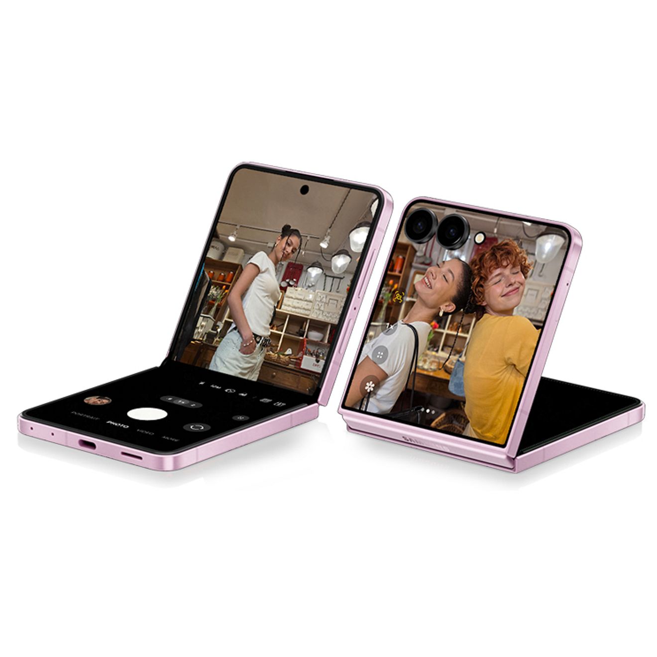 Samsung Galaxy Z Flip in pink, shown folded in Flex Mode with the camera app open for hands-free photos and video calls.