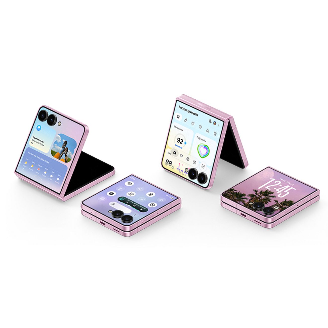 Samsung Galaxy Z Flip8 in pink, shown folded and in Flex Mode with widgets, camera controls, and cover screen features displayed across multiple devices.