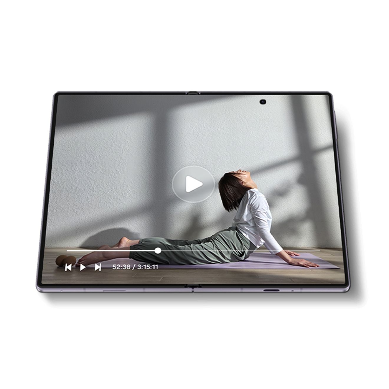 Samsung Galaxy Z Fold8 shown fully open in landscape mode, displaying a fitness video on the expansive foldable screen.