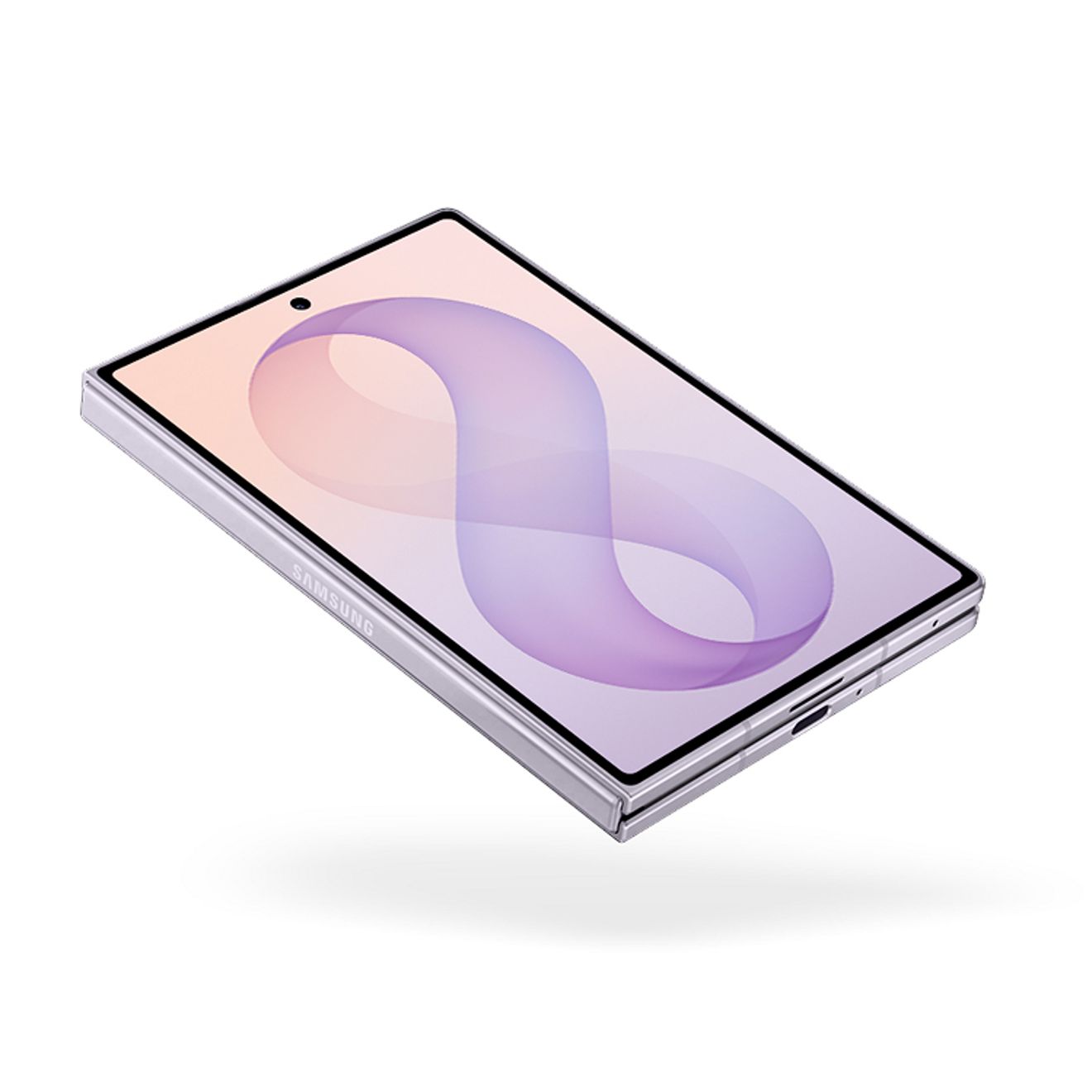 Samsung Galaxy Z Fold8 in light purple, shown closed with a large cover display and slim foldable design.