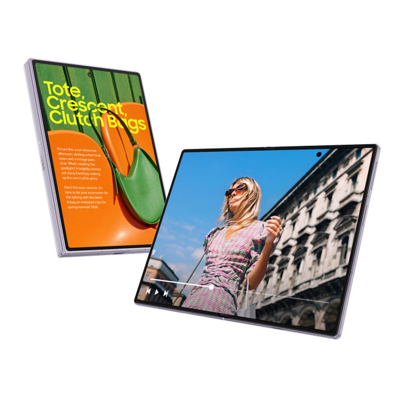 Samsung Galaxy Z Fold8 shown open at different angles, displaying a digital magazine page and a video playing on the expansive foldable screen