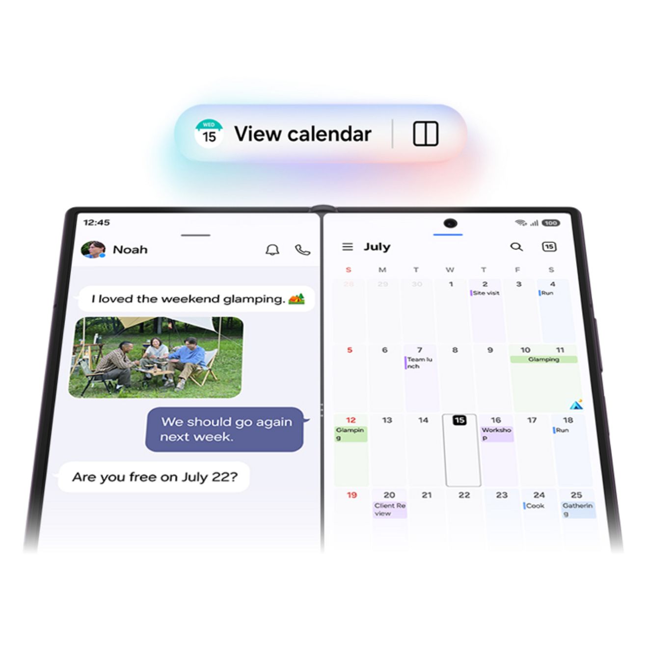 Samsung Galaxy Z Fold8 Ultra shown open with a messaging app and calendar displayed side by side, highlighting multitasking on the foldable screen.