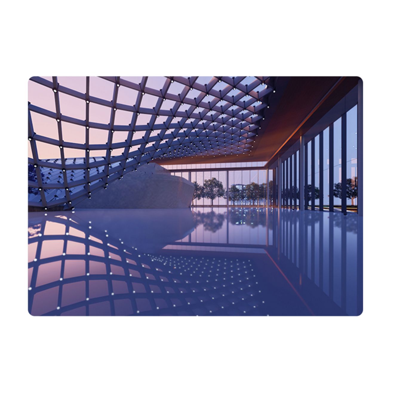 Modern glass atrium with a curved lattice ceiling, floor-to-ceiling windows, and reflective flooring illuminated by soft evening light, on a Samsung Galaxy Z Fold8 Ultra.