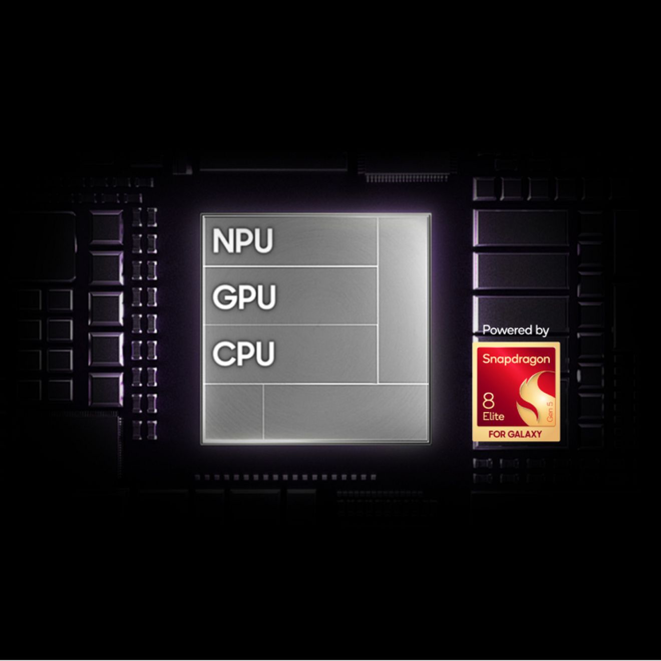 Samsung Galaxy Z Fold8 Ultra chipset graphic highlighting the NPU, GPU, and CPU, shown alongside a Snapdragon 8 Elite for Galaxy processor badge.