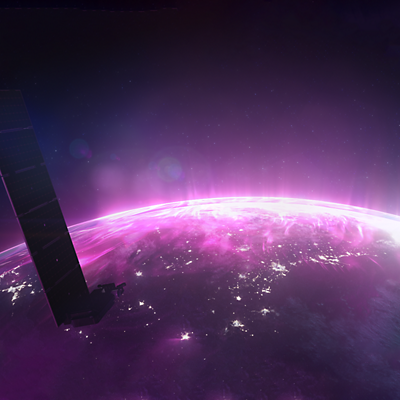 Satellite above a magenta-hued Earth.