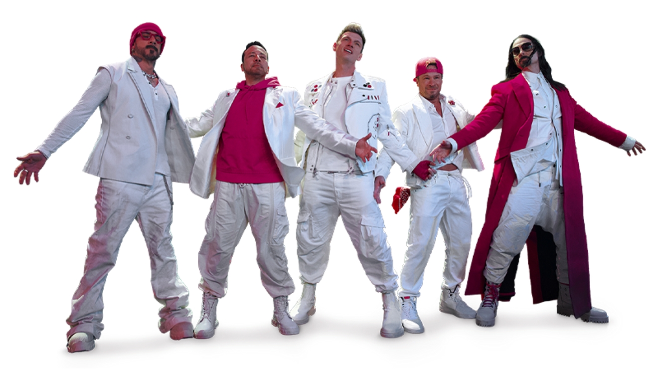 The Backstreet Boys perform energetic dance moves against a magenta backdrop. Magenta and white confetti shaped like pizza, a gas pump, and the T-Mobile logo fall when the page loads or when the Backstreet Boys are clicked. 
