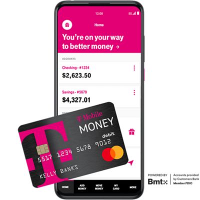 La tarjeta de débito de T-Mobile MONEY y un smartphone con la app T-Mobile MONEY abierta en la pantalla de resumen de cuenta.