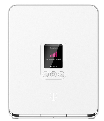 The front of the T-Mobile 5G Gateway with the LCD screen displaying signal.