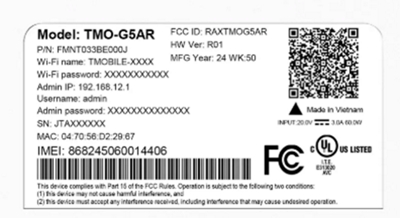 The T-Mobile 5G Gateway Label. The 3rd and 4th lines are the Wi-Fi name and Wi-Fi password.