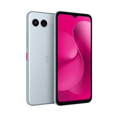 Back, front, and side angle of a T-Mobile Revvl 8 showing a red gradient screen  design.