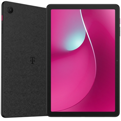 A front and back view of the REVVL Tab 2 with a magenta background on the screen.