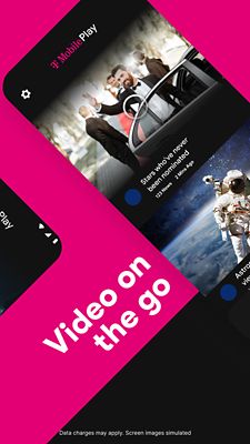 Six screens showing the T-Mobile Play app features and benefits. Your go-to news app, video on the go, personalize your news from the top publishers, 4k video player, quick swipe access via your home screen.