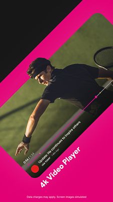 Six screens showing the T-Mobile Play app features and benefits. Your go-to news app, video on the go, personalize your news from the top publishers, 4k video player, quick swipe access via your home screen.
