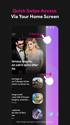 Six screens showing the T-Mobile Play app features and benefits. Your go-to news app, video on the go, personalize your news from the top publishers, 4k video player, quick swipe access via your home screen.