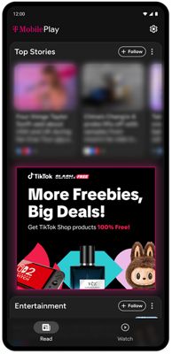 Android phone screen showing T-Mobile Play app featuring top news and entertainment stories and a TikTok freebies video.