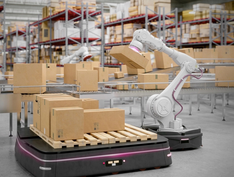 Automated warehouse with autonomous mobile robots in foreground, one loading boxes onto another.