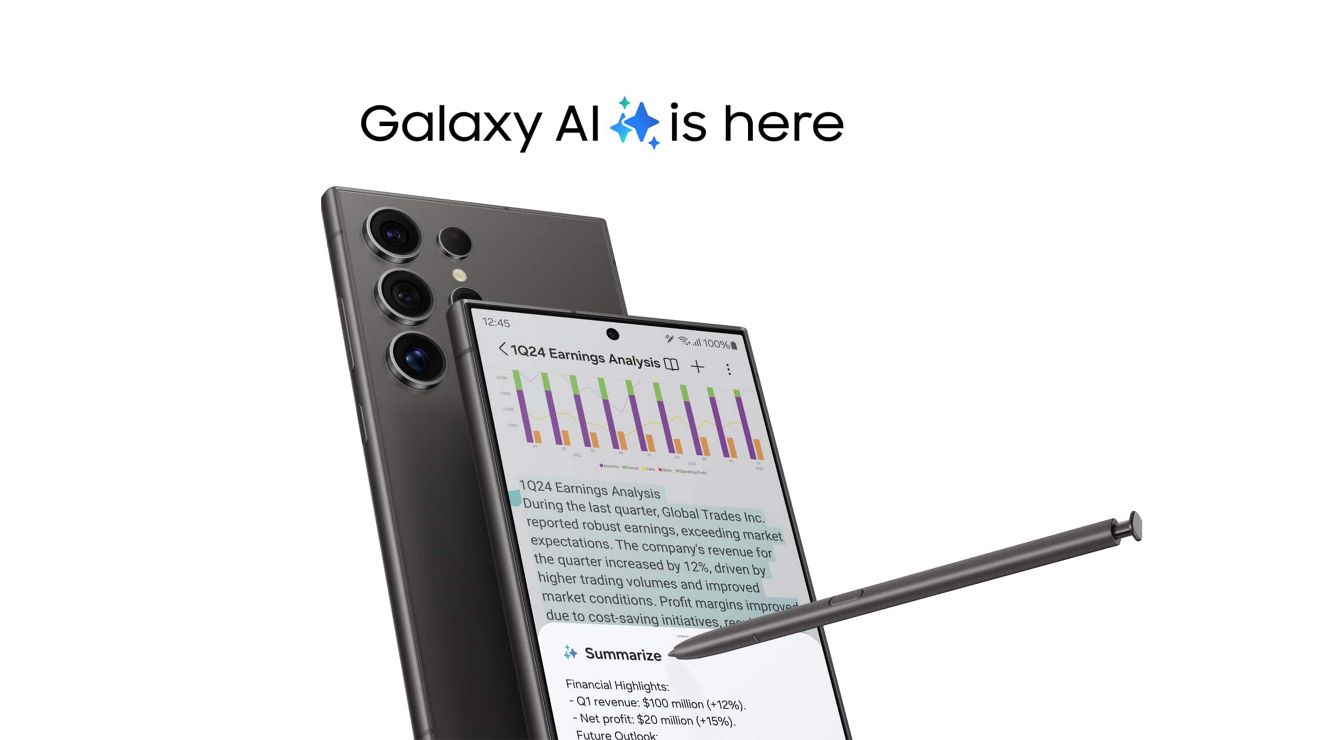 Two Marble Gray Samsung Galaxy S24 Ultra devices shown back and front displaying dashboard UI below the Galaxy AI is here logo.