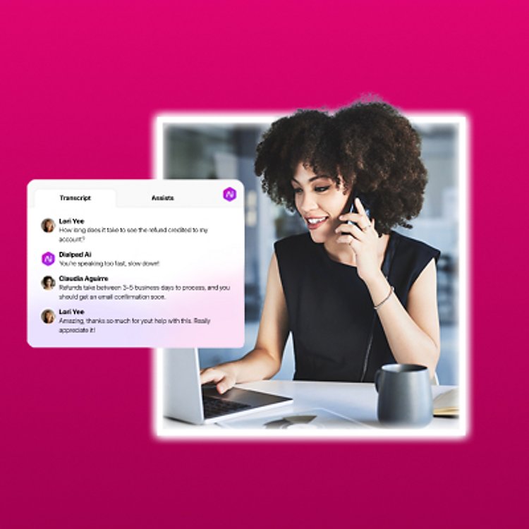 Dialpad Ai assists a professional while she works on her laptop and speaks on the phone.