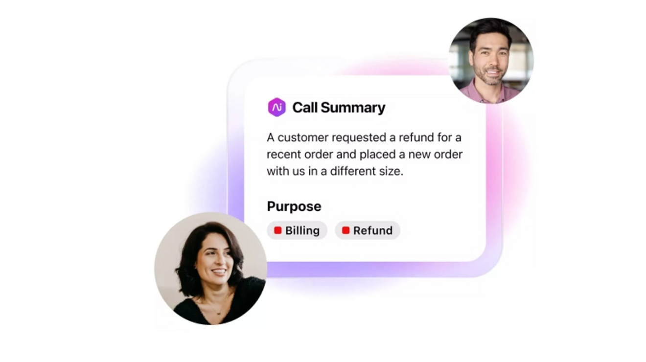 An Ai Recaps Call Summary outlines a customer request for a refund and a new order.