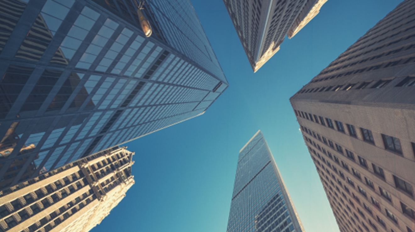 A low angle shot of modern office buildings.  