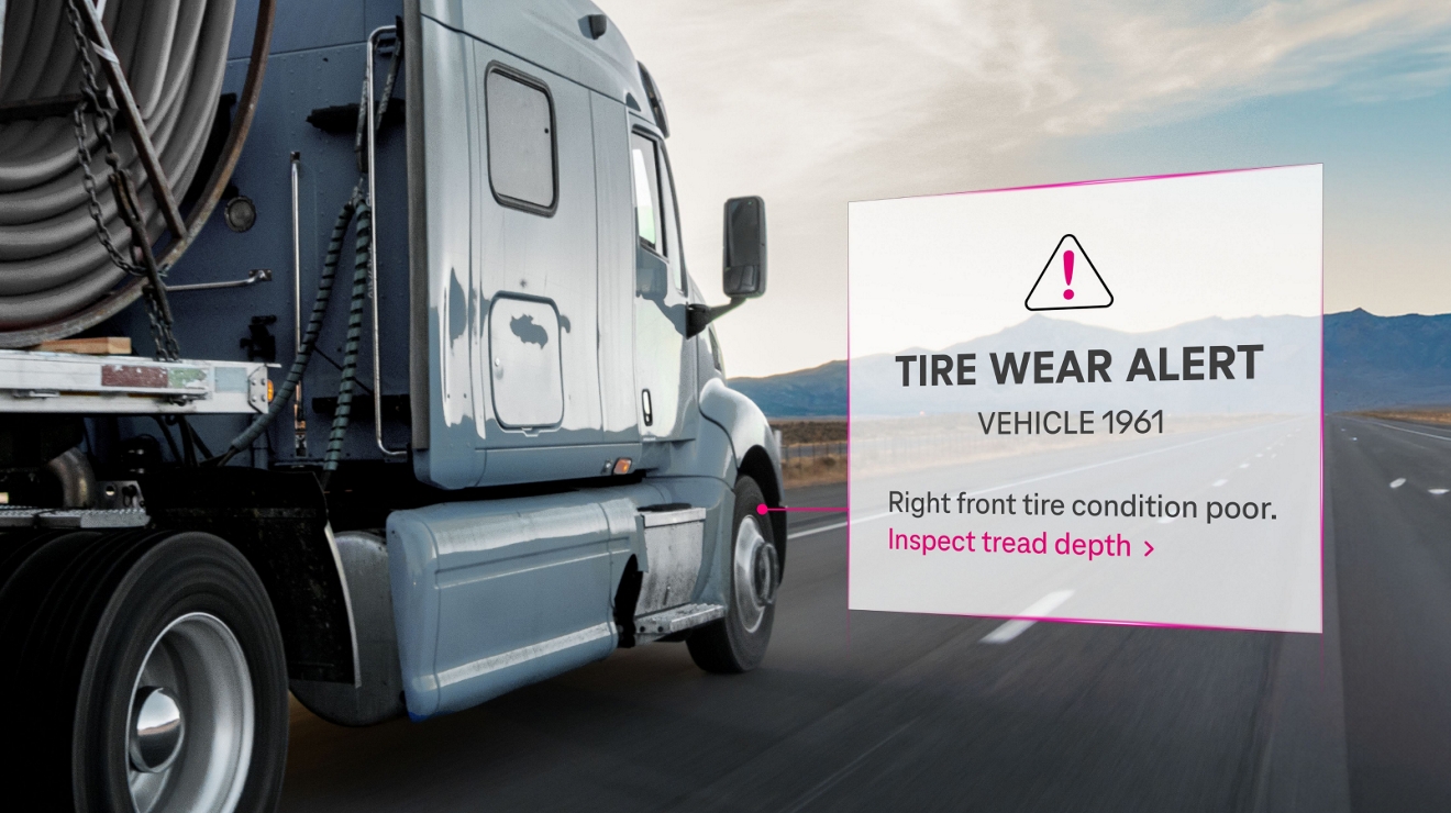 A semi-truck driving on a highway with an overlay of a specific “tire wear” alert from a tracker.