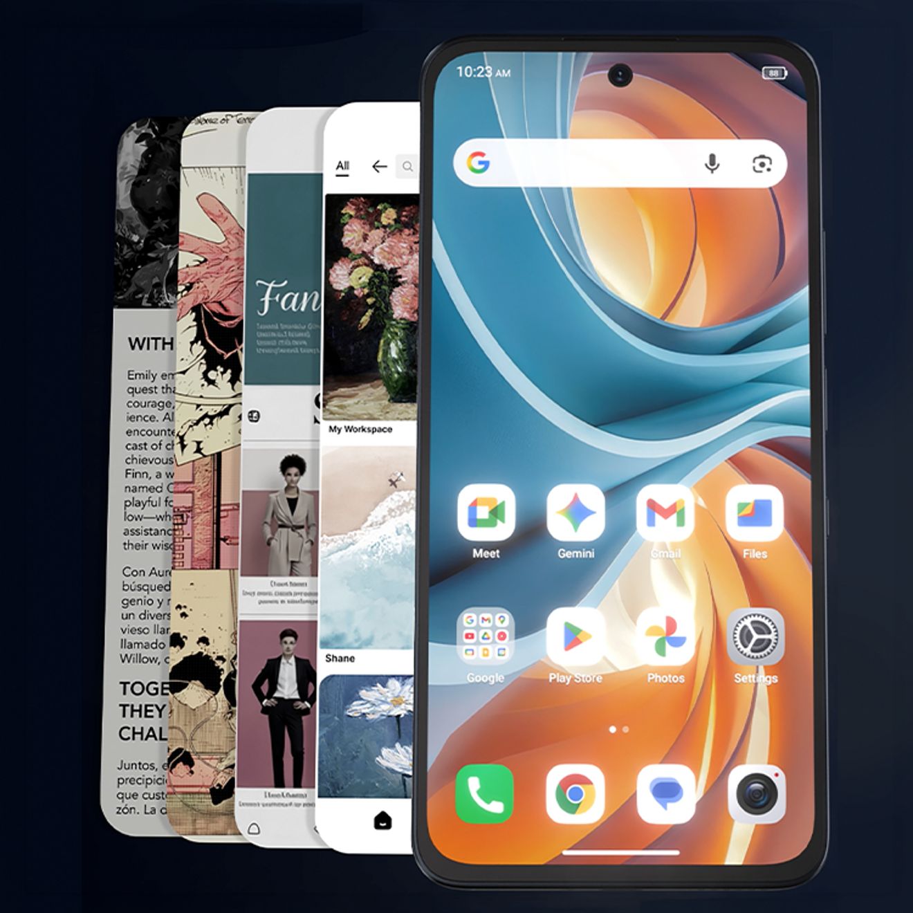 Smartphone with its home screen displayed, shown in front of multiple screen modes with different content.