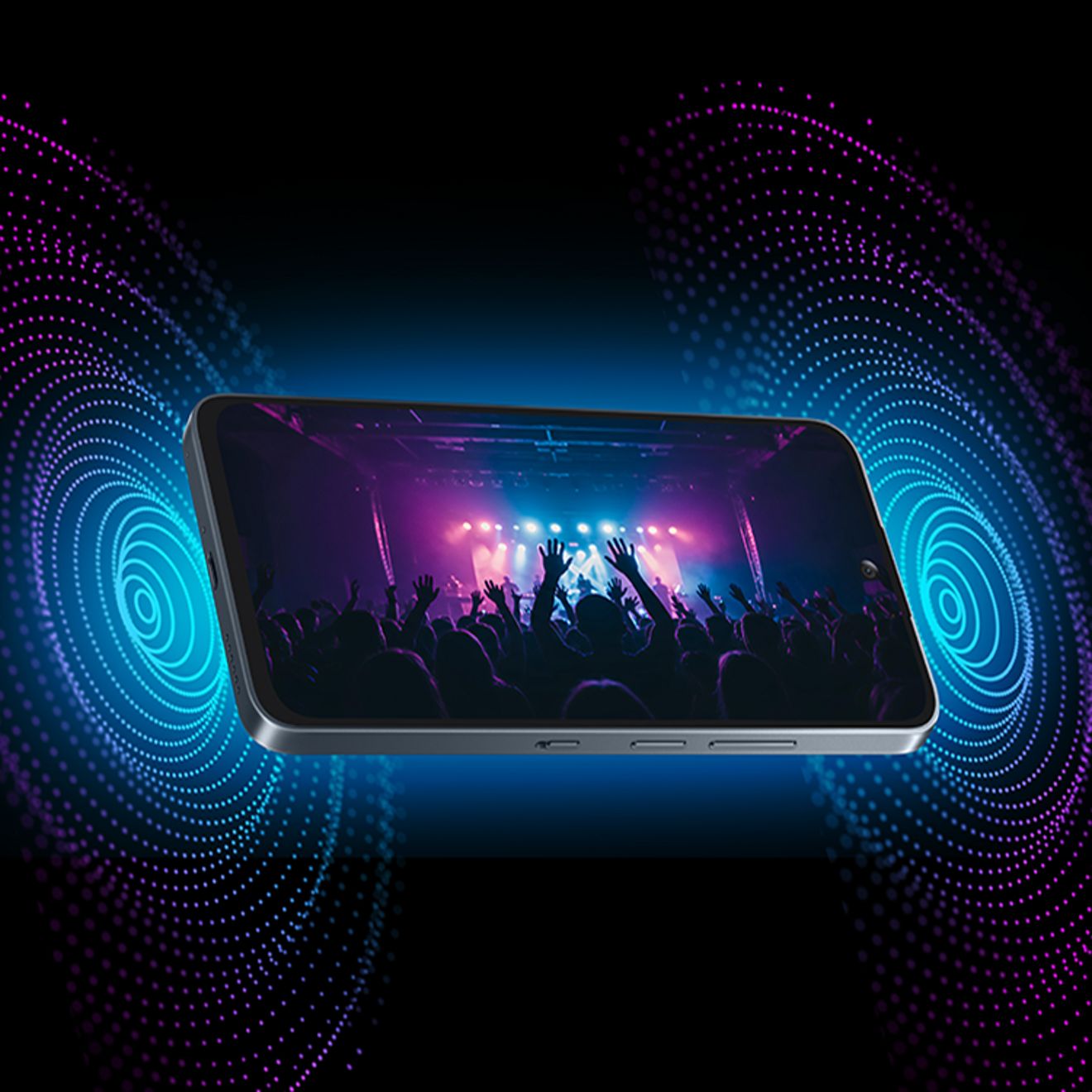 Smartphone displaying a concert scene with sound waves radiating from both sides.