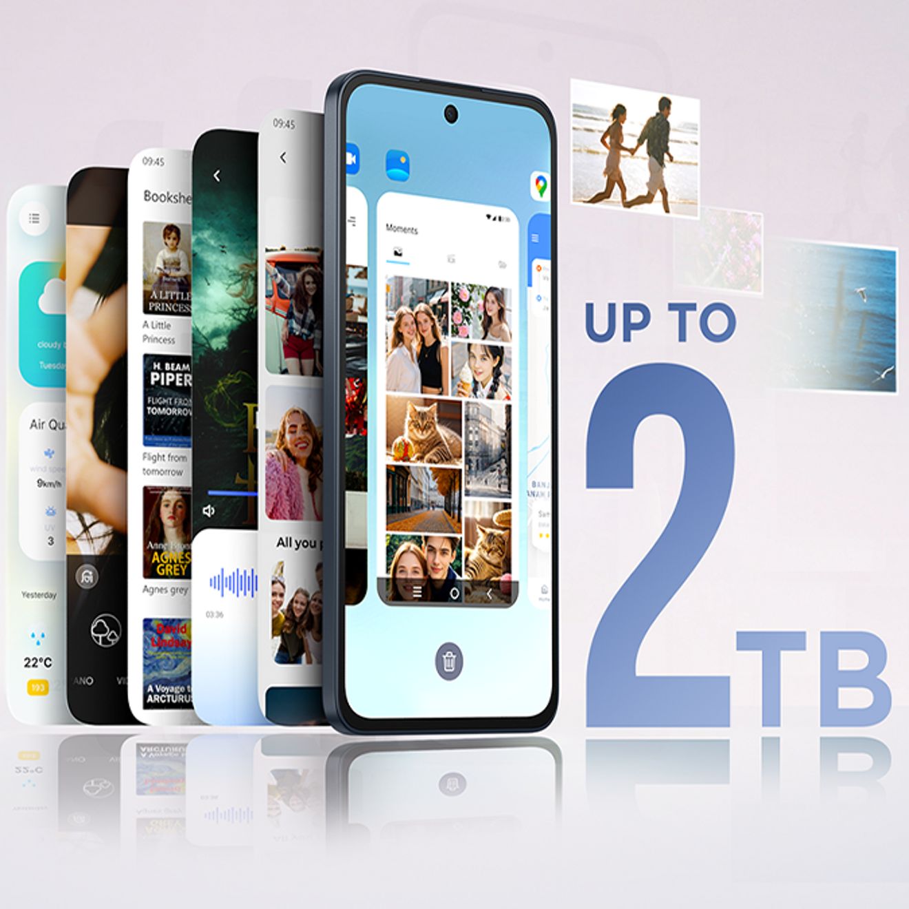 Smartphone shown with photos, videos, and apps, highlighting up to 2TB of storage.