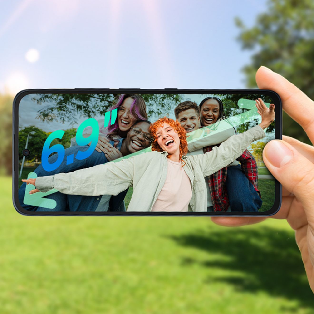 A smartphone displaying an outdoor picture of a group of friends smiling together.