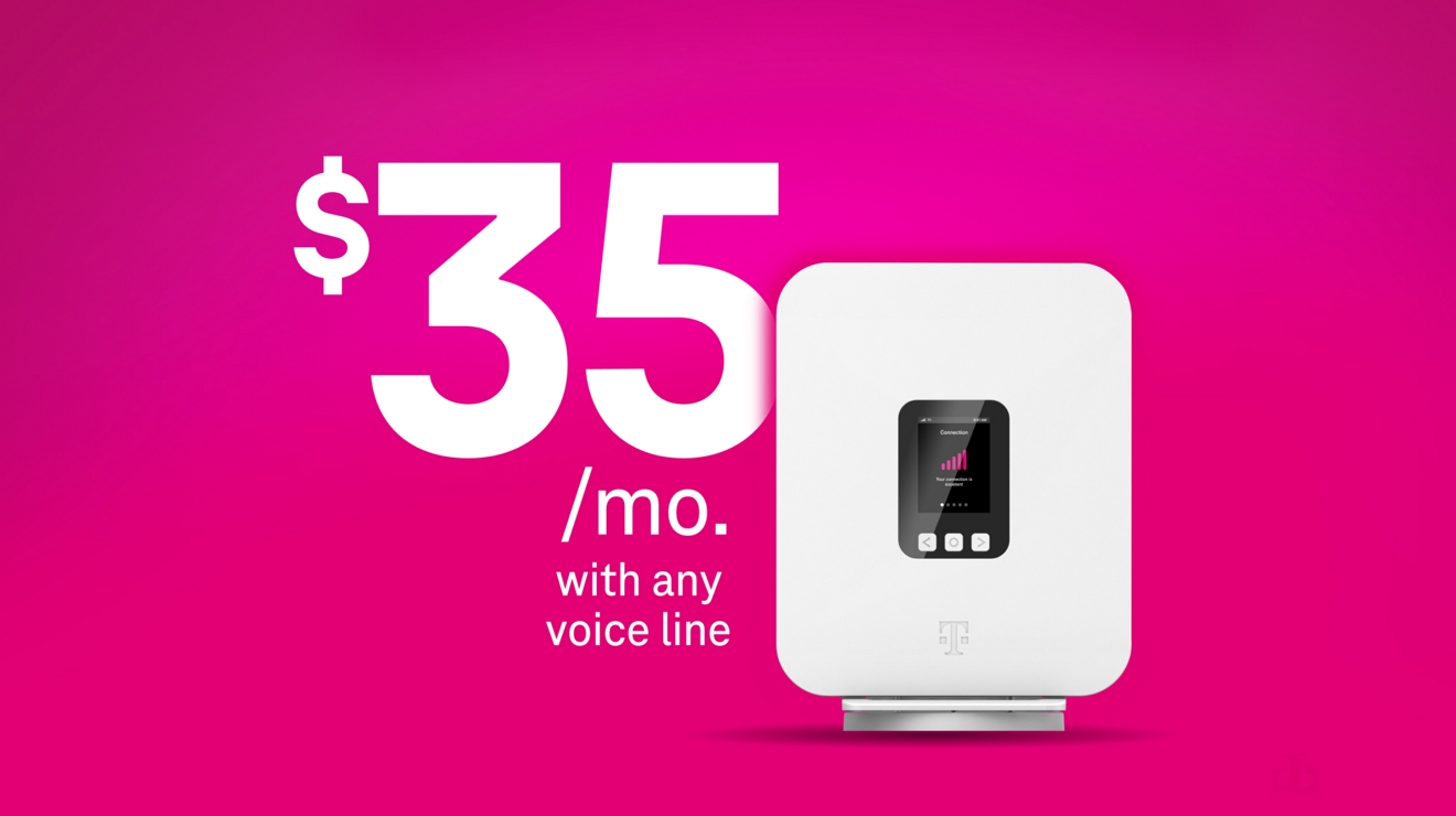 A T-Mobile 5G Gateway router and the text, ‘$35 per month with any voice line.'