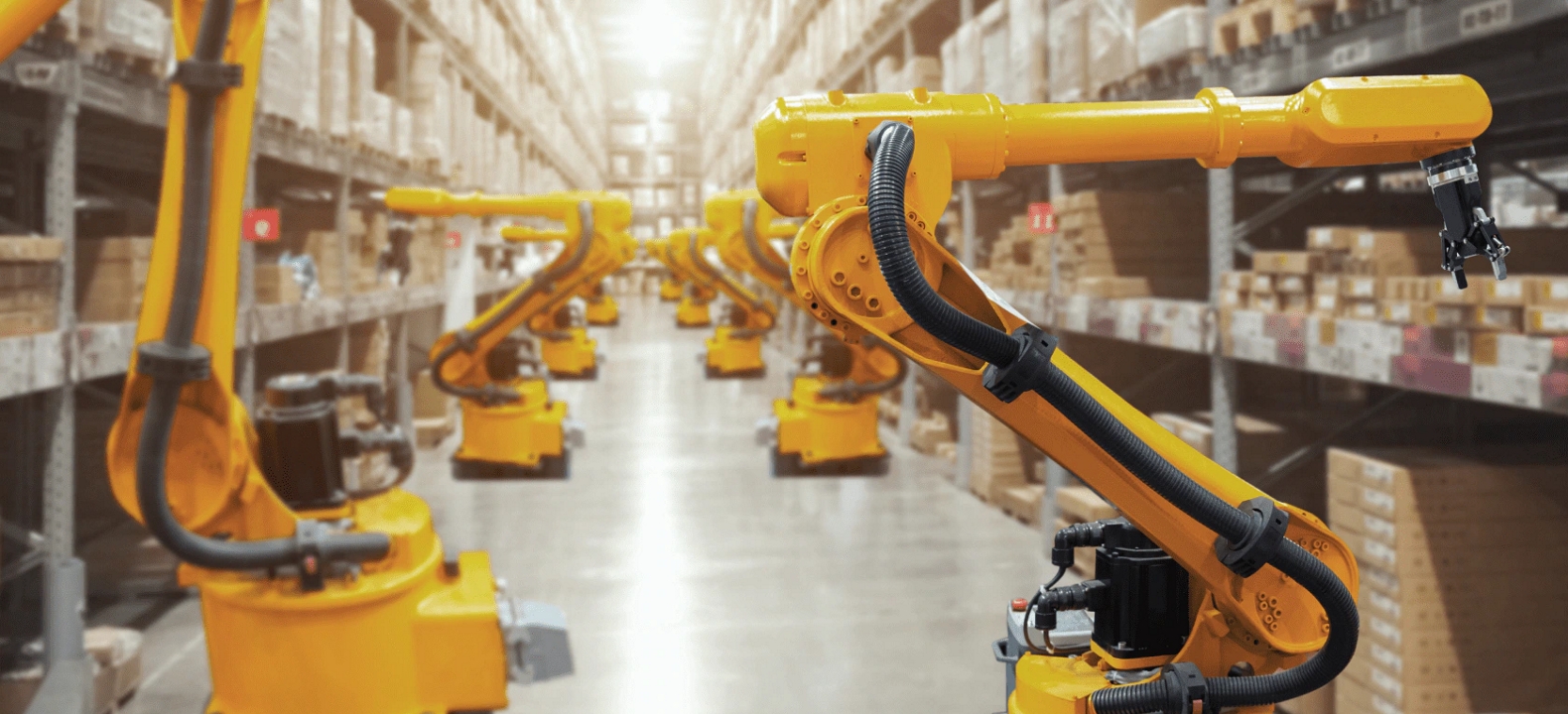 A group of robotic arms stock a warehouse aisle.