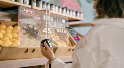 A woman enjoys a smart shopping experience in the produce aisle.