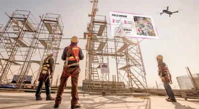 Three workers fly a drone to inspect a construction site.