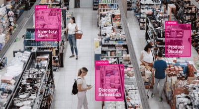 An aerial view of shoppers in a smart store.
