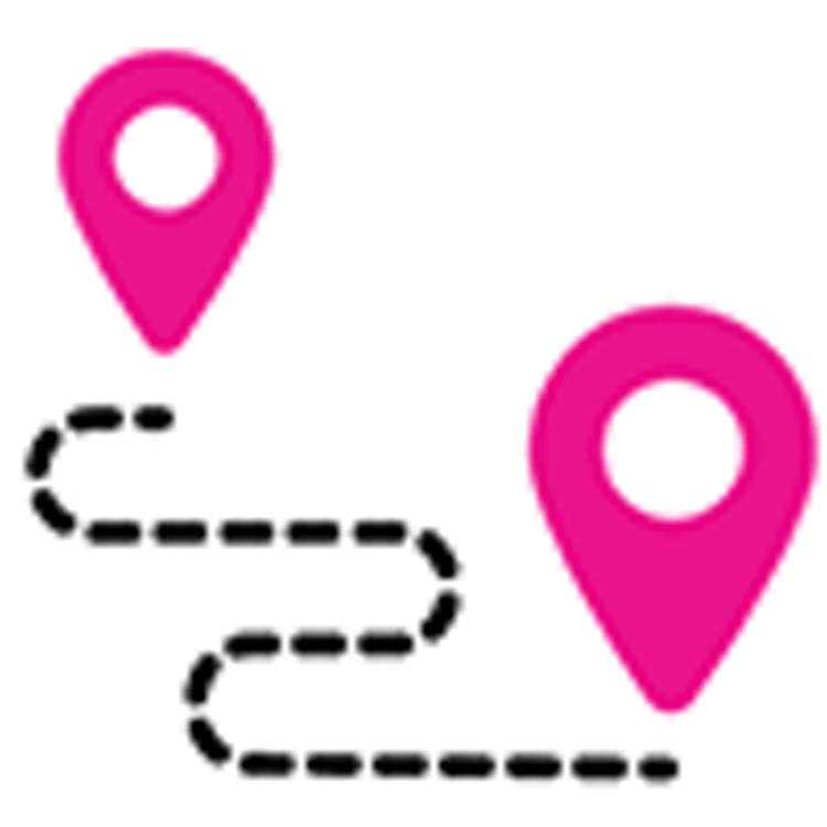 Two location icons joined by a waving dotted line